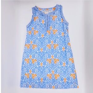Gretchen Scott Flirt Dress Blue Orange Floral Paisley Ruffle Neck Medium EUC